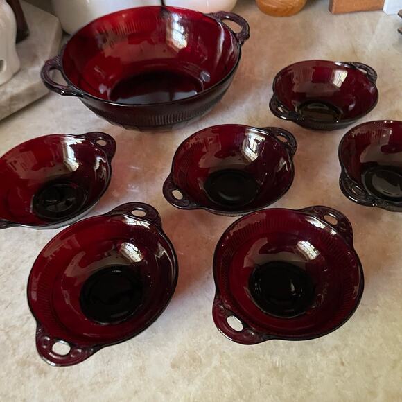 Vtg Coronation-Royal Ruby Handled Salad 7 PC Set Anchor Hocking Depression Glass - Picture 2 of 11